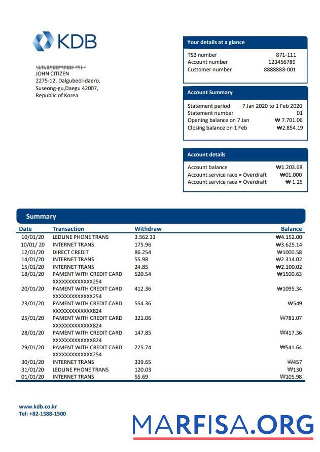 Printable South Korea KDB bank proof of address statement word sample